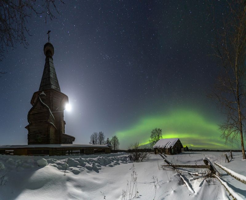 деревня, северное сияние, нациаональный парк кенозерье, луна, ночь, звезды, архангельская, русский север Северная ночь фото превью