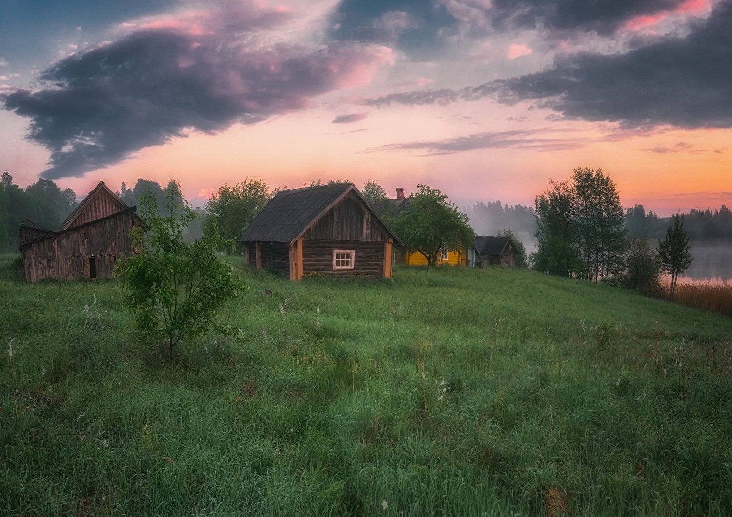 landscape,sunrise,lake,fog,farm,clouds,colours,summer,morning, Olegs Bucis