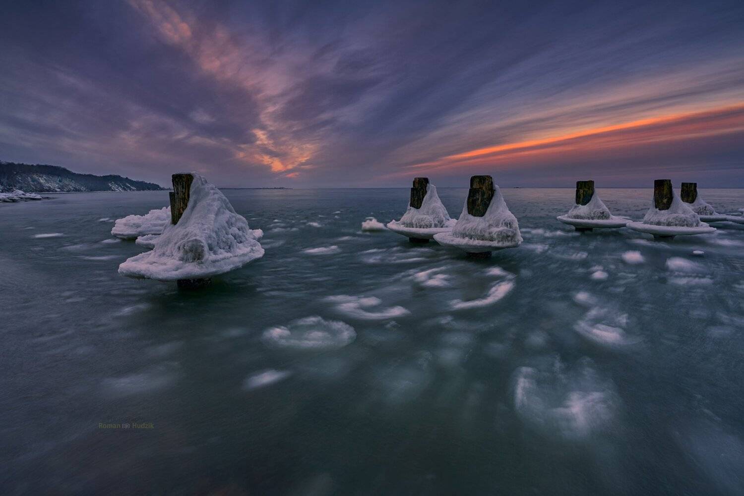 gdynia, poland, landscape, sea, winter, sunset, snow, water, ice, sky, Roman Hudzik