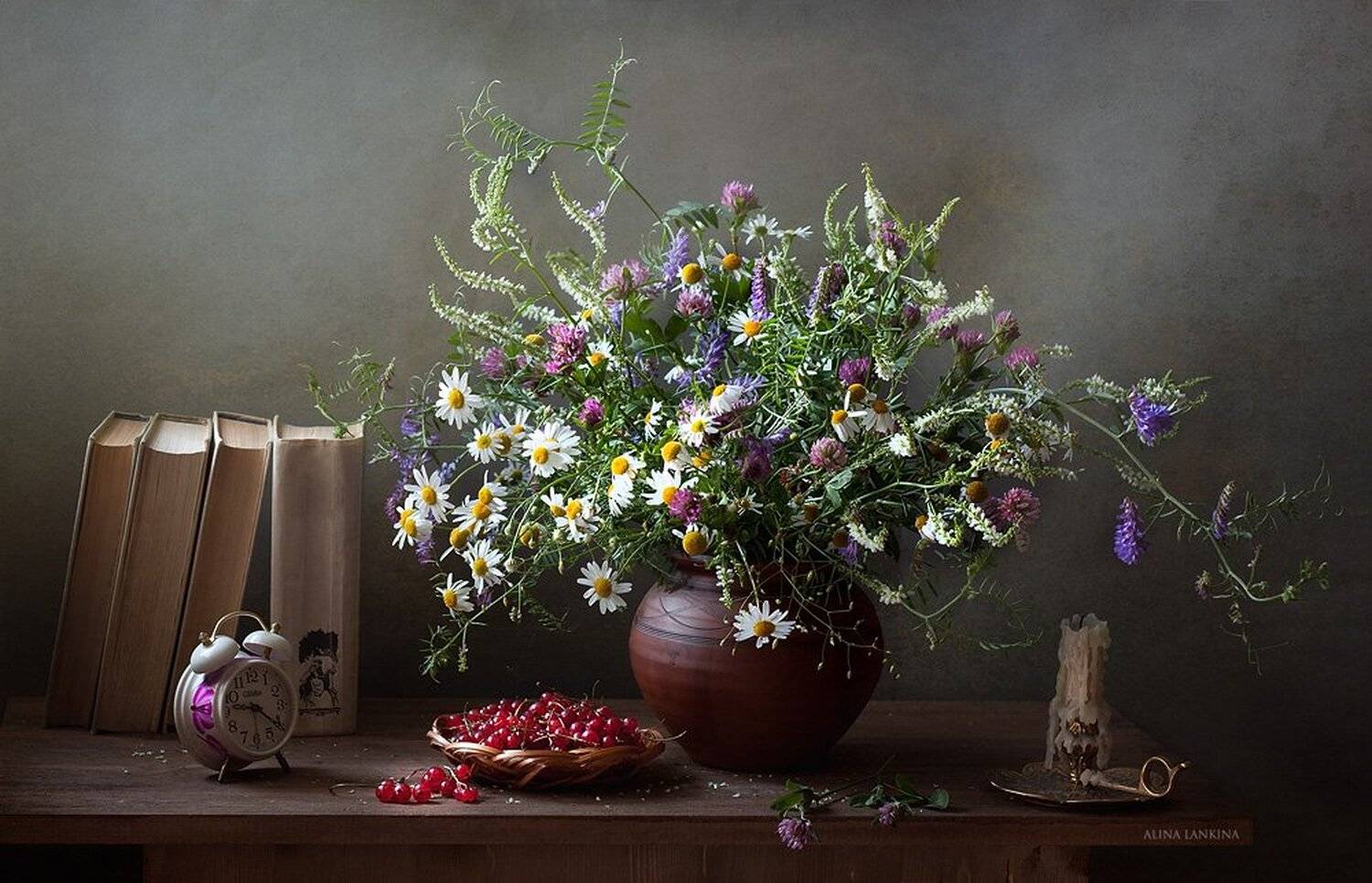 Книга, Лето, Натюрморт, Свеча, Смородина, Цветы, Часы, Alina Lankina