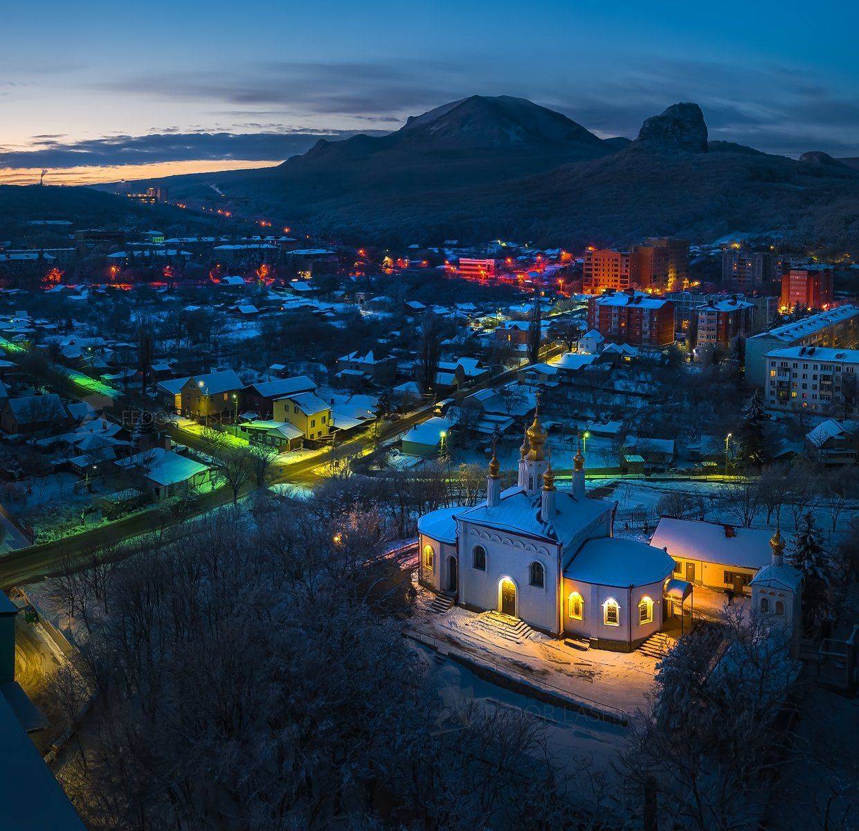 ставропольский край, ставрополье, зима, снег, иней, кавминводы, железноводск, город, церковь, ольги равноапостольной, заря, огни, бештау, улицы, архитектура,, Лашков Фёдор