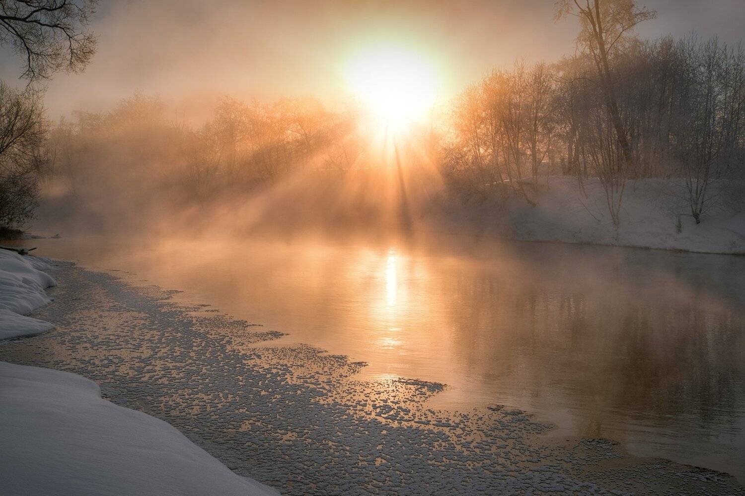 зима, мороз, истра, река, солнце, пар, туман, деревья, снег, Андрей Чиж