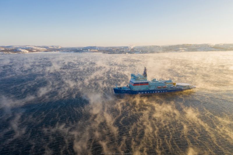 заполярье, мурманск, кольский залив, ледокол, закат, судно \