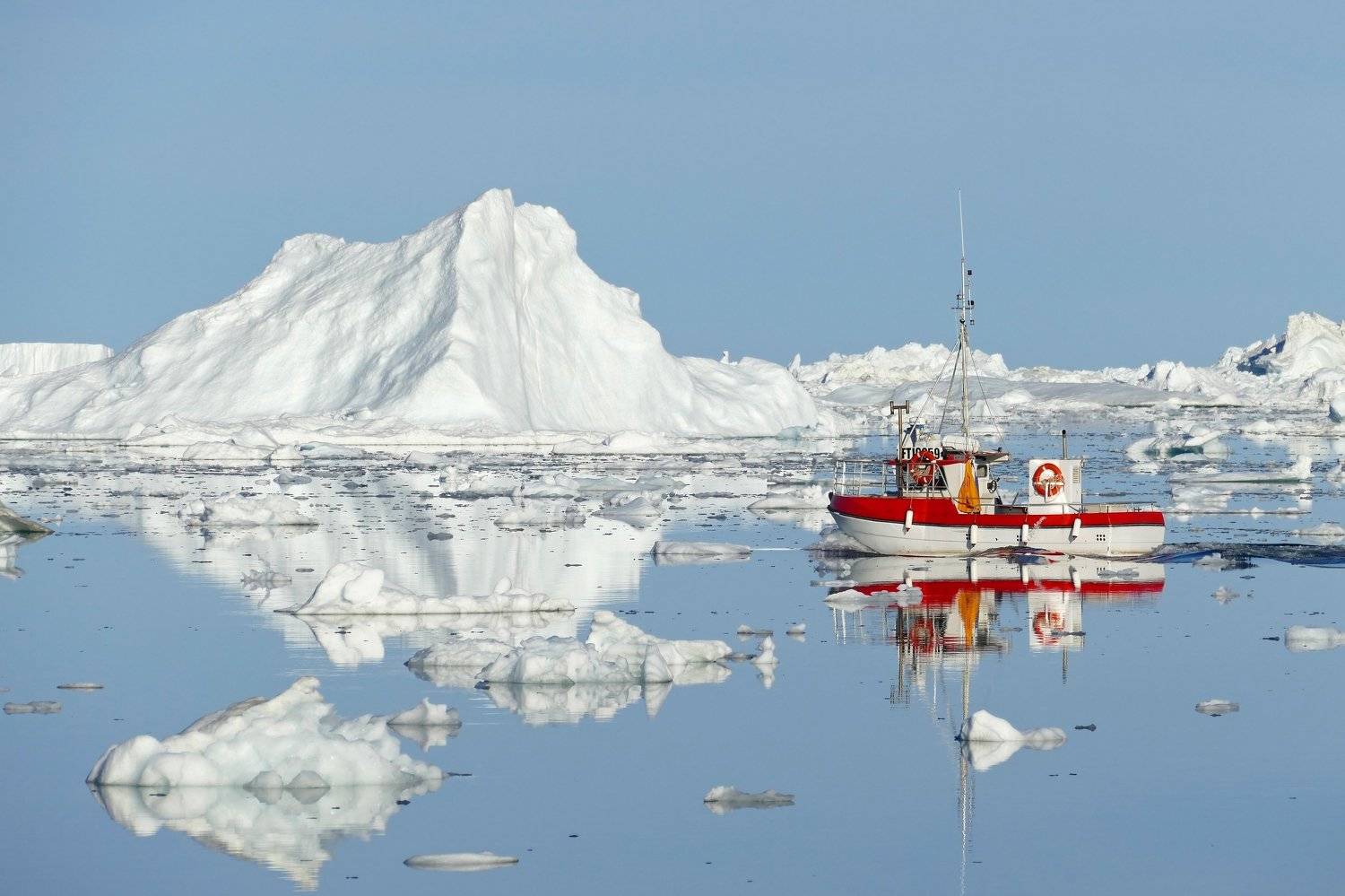Landscapes, Greenland, Icefjord, Disko Bay, snow, frost, iceberg, travel, boat, white, red, nature, Atlantic sea, reflection, work, fishing boat, cold, , Svetlana Povarova Ree
