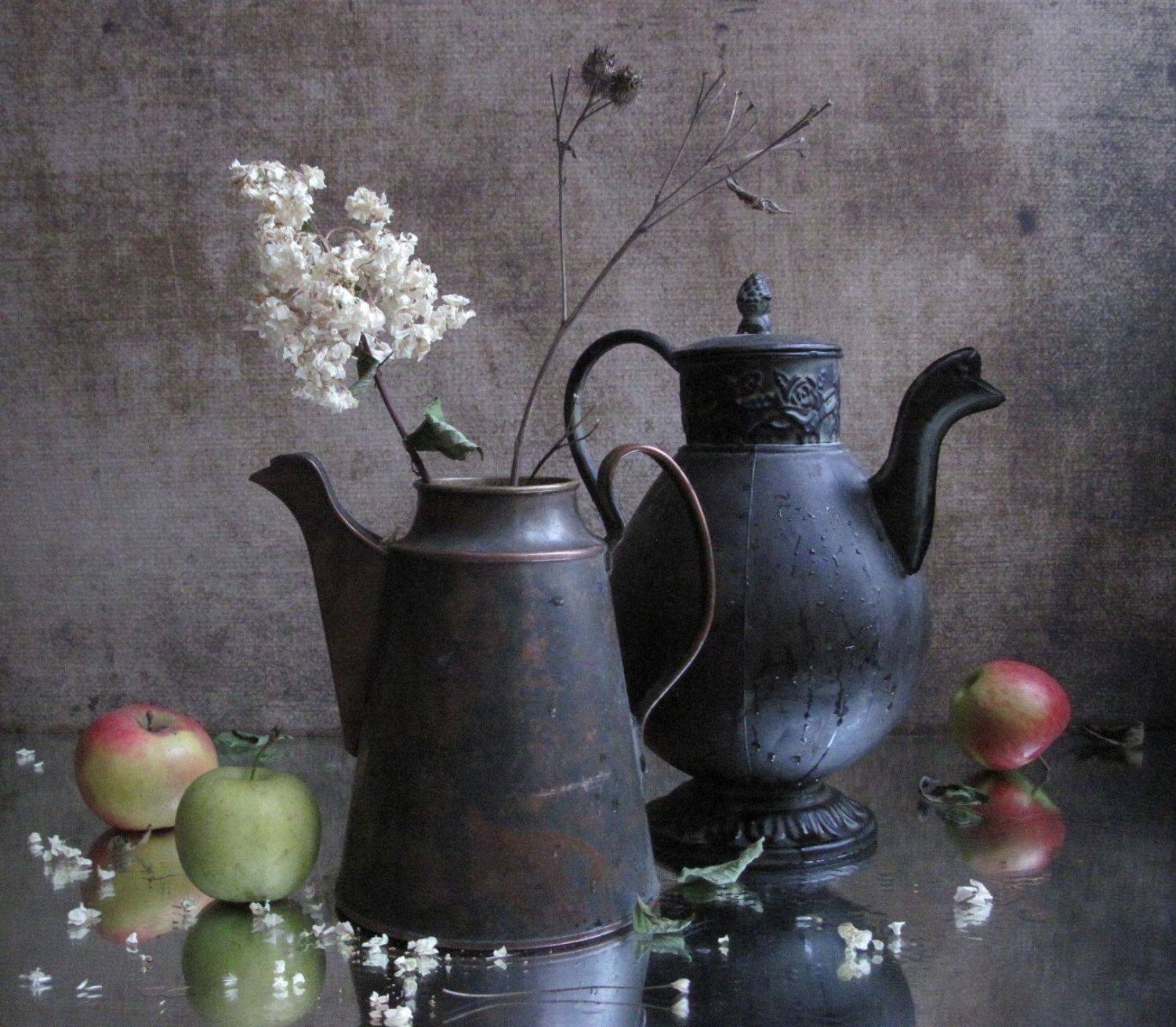 ветки, гортензия, репейник, кувшины, винтаж, яблоки, Наталия Тихомирова