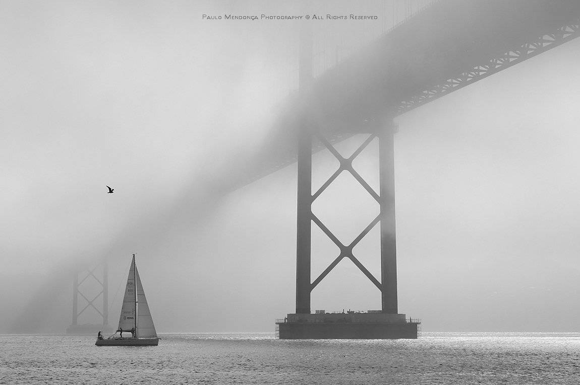 Bridge, Fog, Lisbon, Mist, Portugal, River, Sailboat, Paulo Mendon&ccedil;a