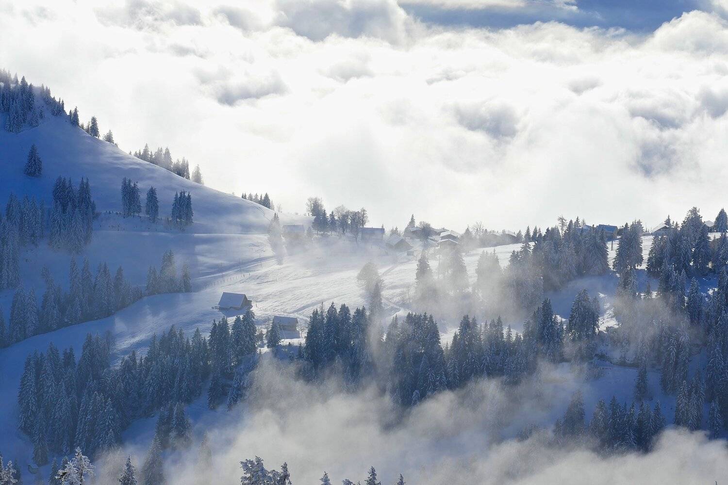 Landscapes, nature, Switzerland, fog, Rigi National Park, clouds, travel, houses, frost, snow, winter, trees, mountain,  , Svetlana Povarova Ree