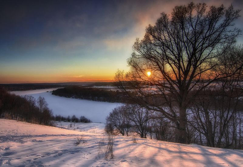река ока ,закат,снег,холод. Закат в Бехово. фото превью