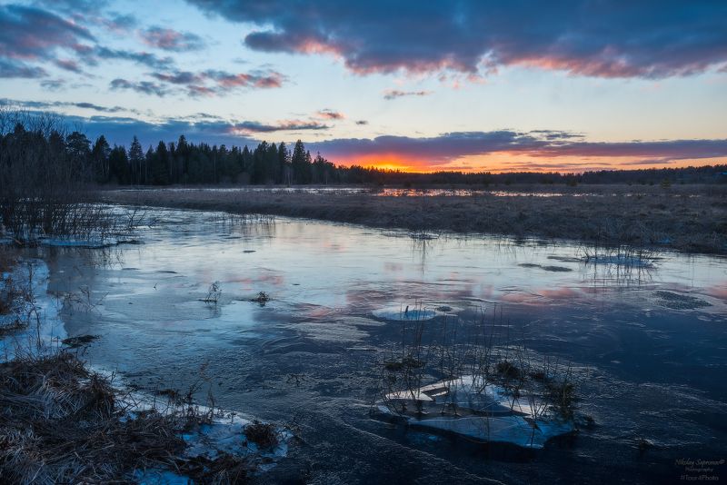разлив, лед, закат, весна, река, ивановская область, ландех \