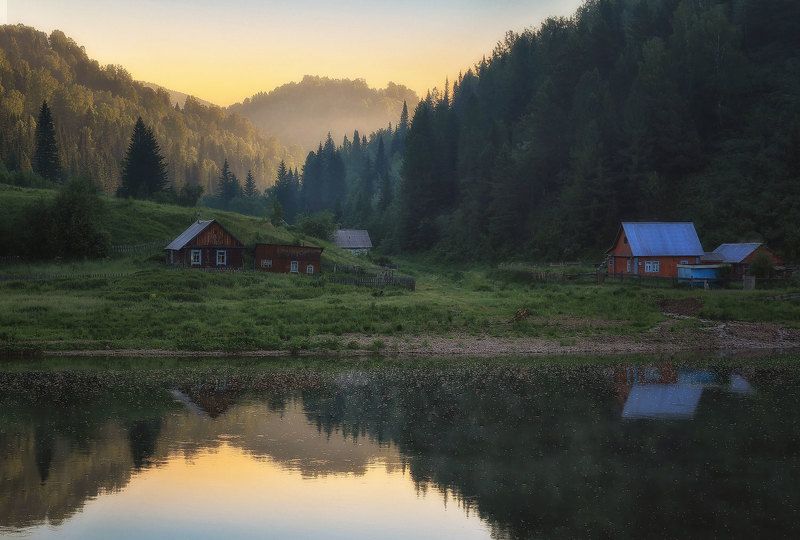 кузбасс, горная шория, таштагольский район, усть-кабырза Утро в деревне фото превью
