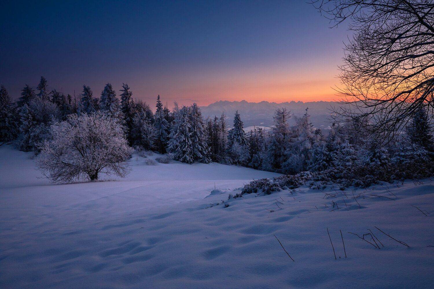 mountains, winter, poland, sunset, bluehour, Michał Kasperczyk