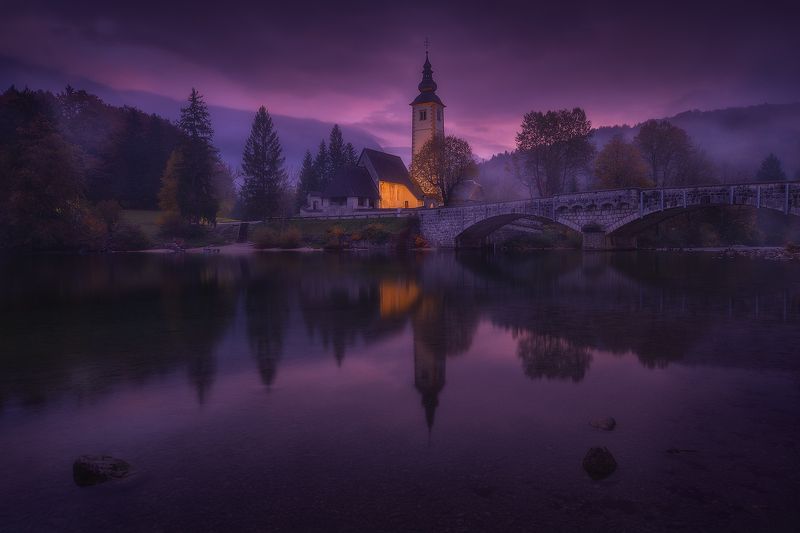 bohinj, slovenia, landscape, reflection, lake, church, fog, mist bohinj  фото превью