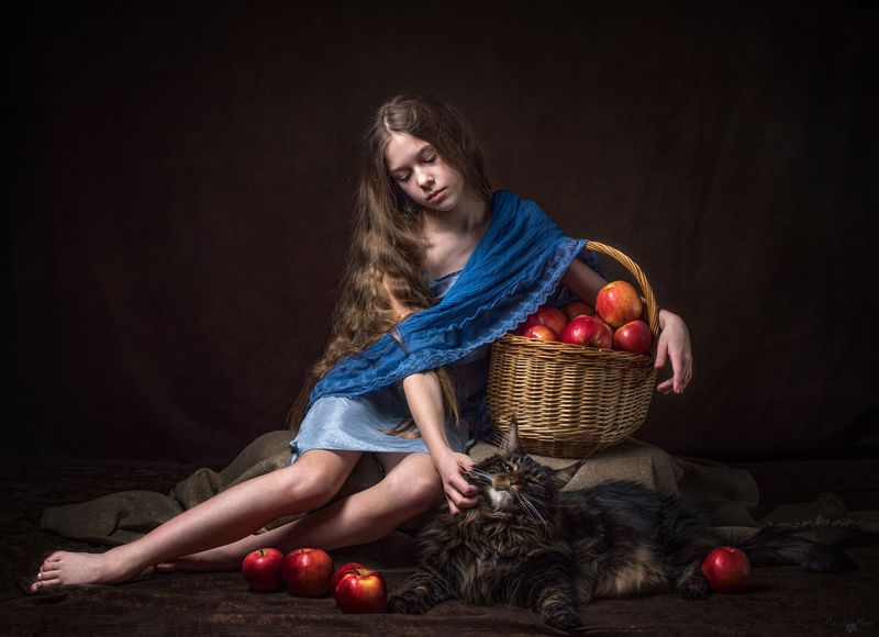 женский портрет, девушка с котом, фото под картину,  Девушка с котом фото превью