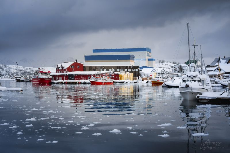 lofoten, norway, norge, cold, winter, ice, water, mirror, boats, fishing Отражение со льдом фото превью