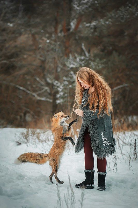 лиса, зима, рыжая, девочка, портрет, лес, прогулка, снег, милая, ребенок *** фото превью