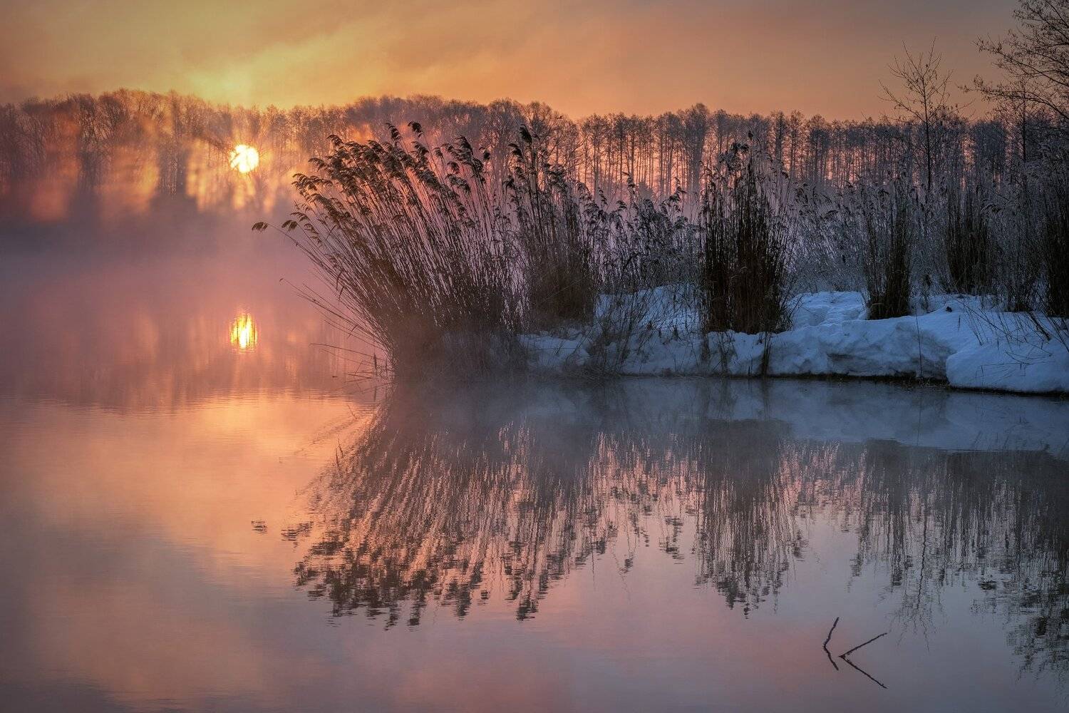 шатура, утро, пар, туман, солнце, рассвет, вода, трава, деревья, мороз, холод, Андрей Чиж