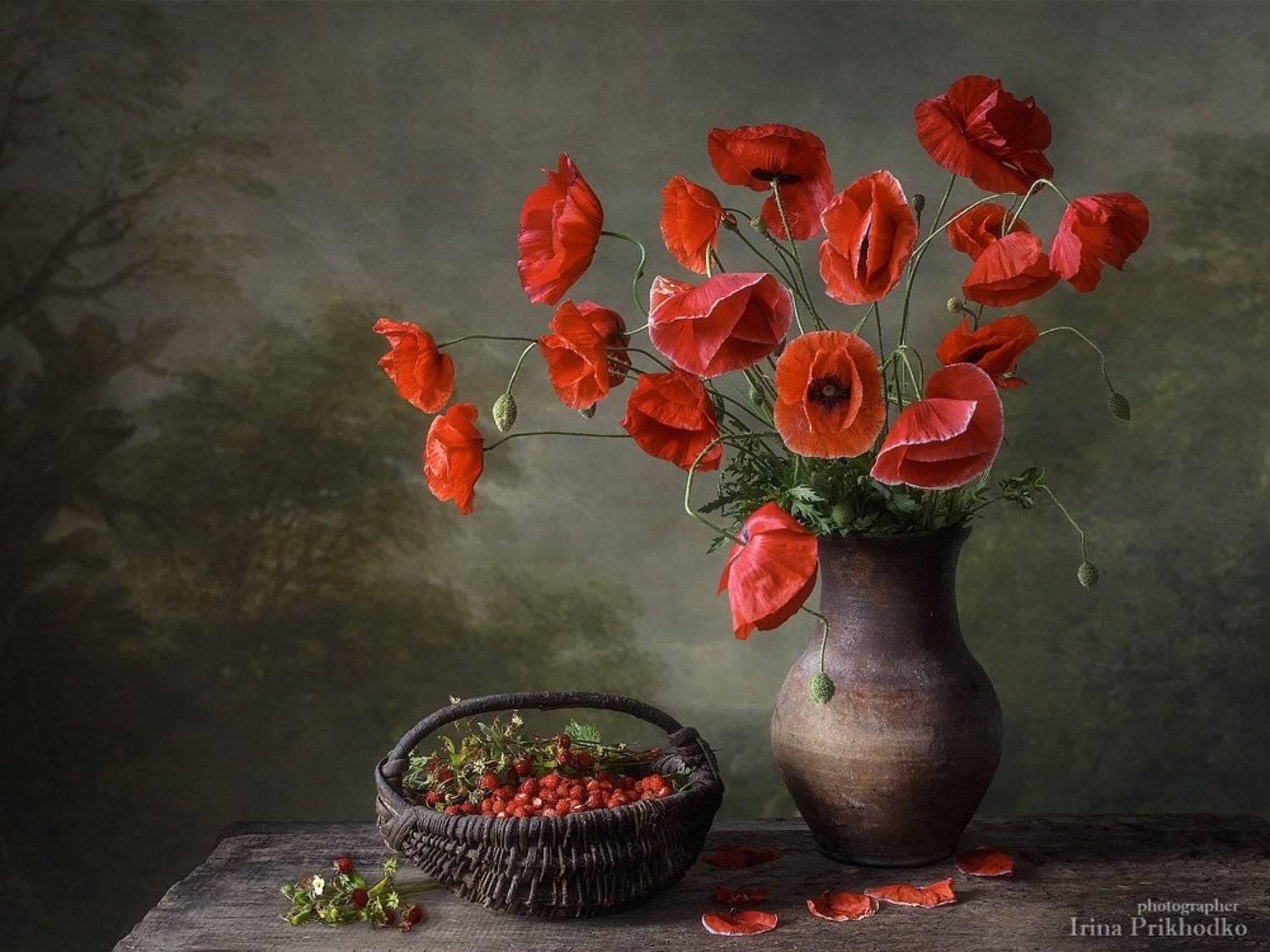 натюрморт, лето, красные маки, букет, цветы, ягоды, земляника, Ирина Приходько