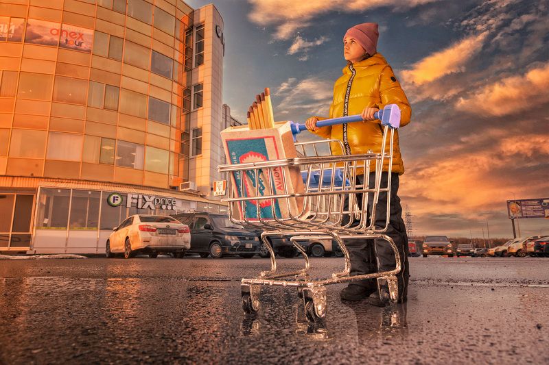 тележка, спички, композиция, девочка, магазин За спичками фото превью