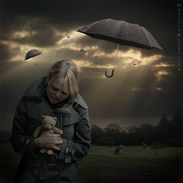 мишка, зонтик, небо,  лучи, путешествие, bioskiss