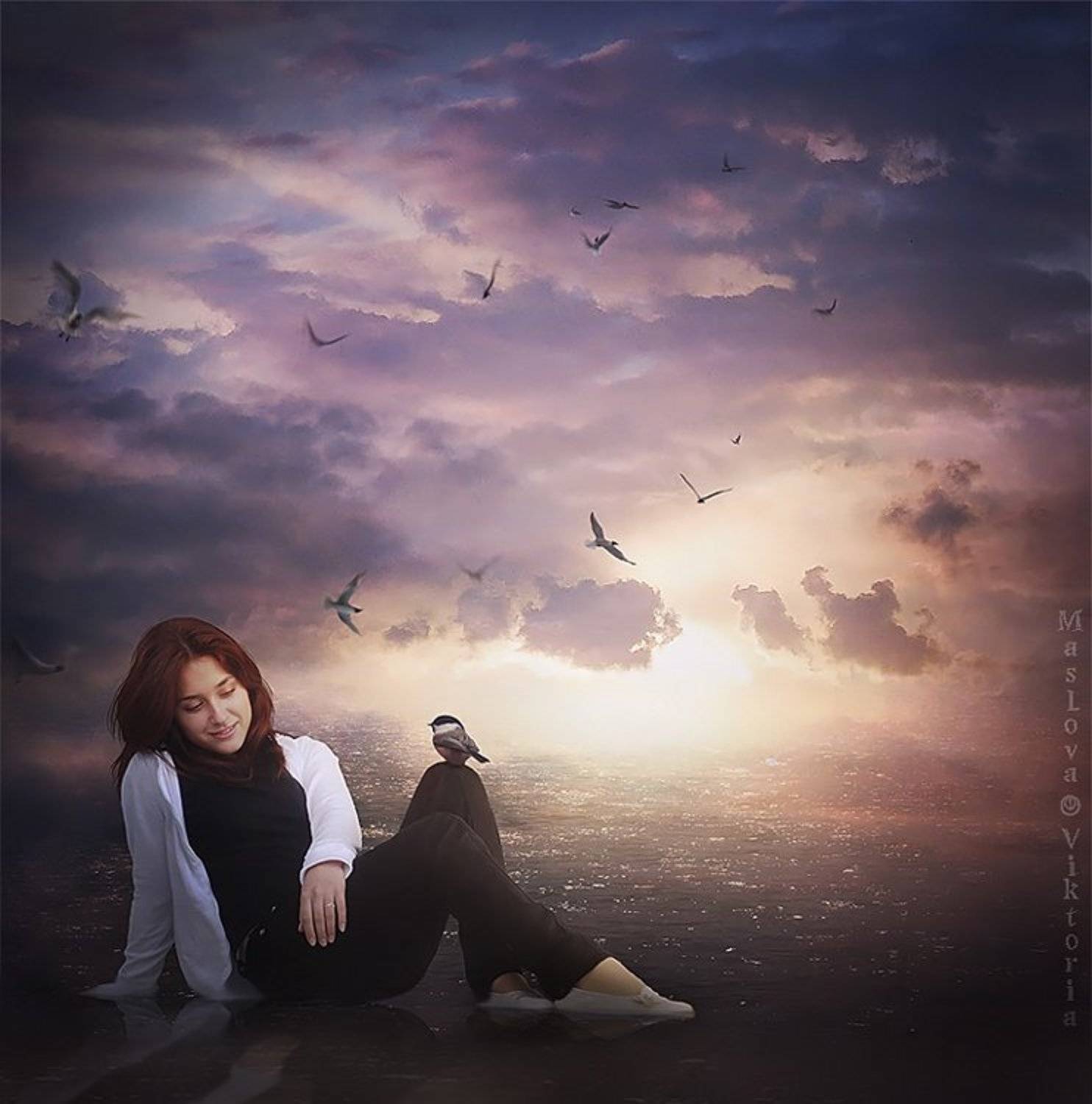 девушка, птицы, небо, bioskiss