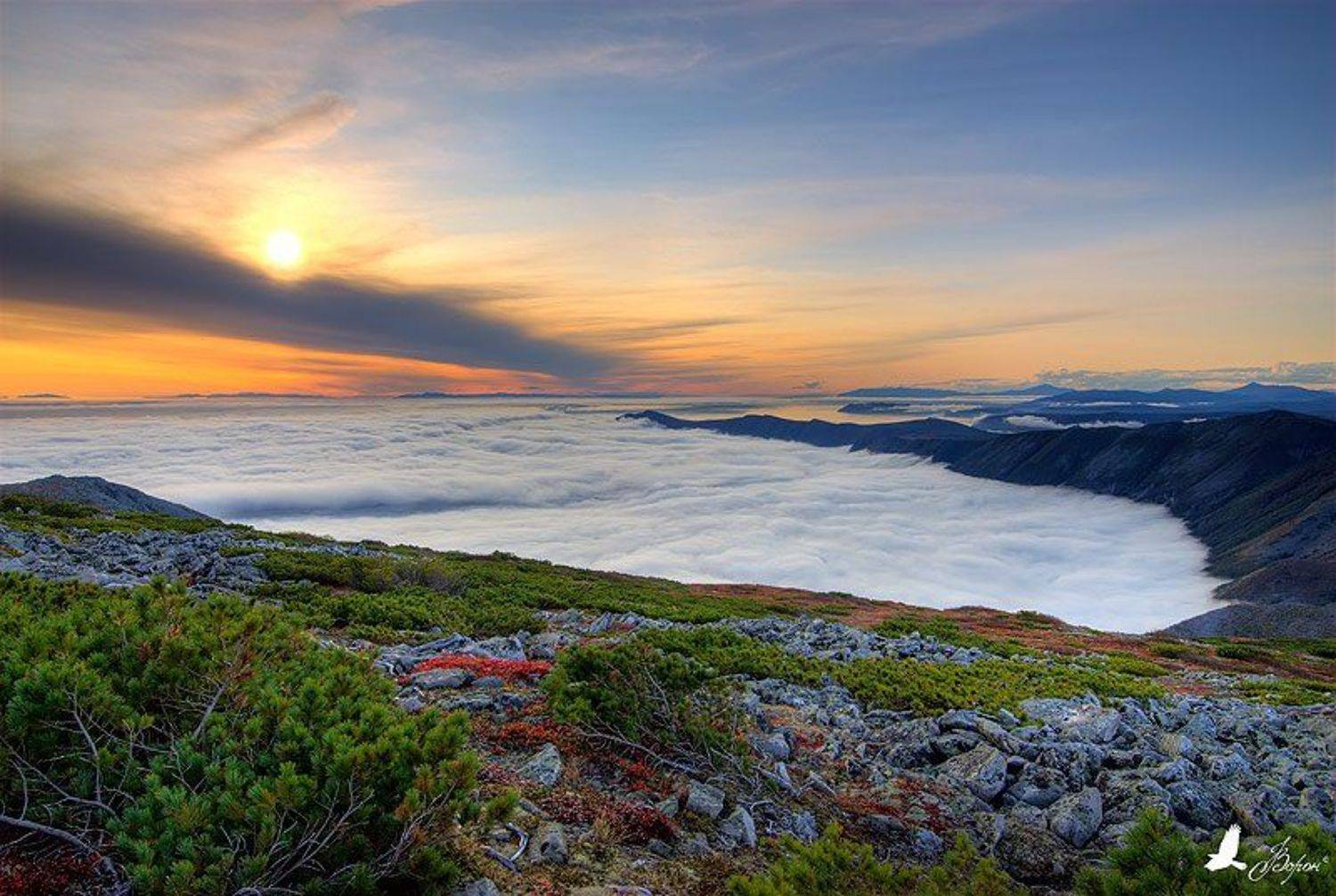 магадан, полуостров старицкого, бухта светлая, туман, закат, осень, охотское море, Ворон