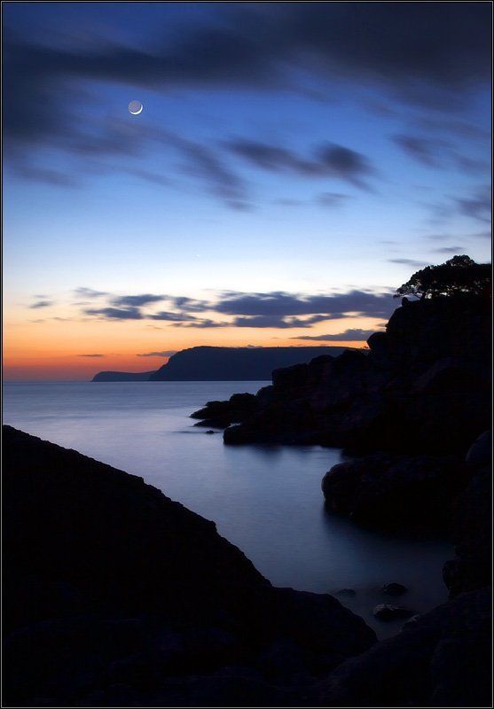 крым, вечер, море, закат, пейзаж, сумерки, небо, луна * * * фото превью