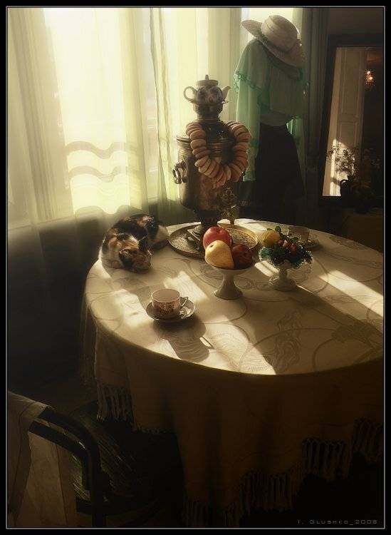 кошка, самовар, сто, натюрморт, шляпка, Игорь Глушко