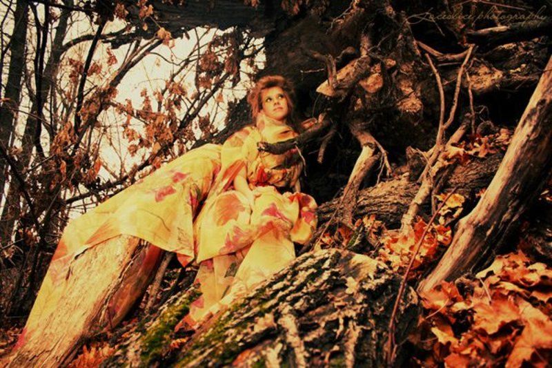 нимфа, осень, зелёный, жёлтый, оранжевый, красный, взгляд, улыбка, девушка Wood Fairy фото превью