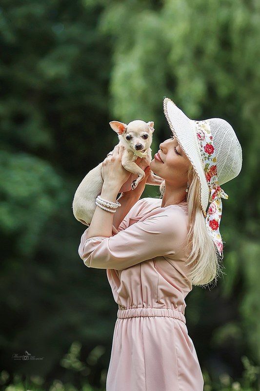 девушка, портрет, шляпка, собака, чихуа-хуа, лето, милый, счастье *** фото превью