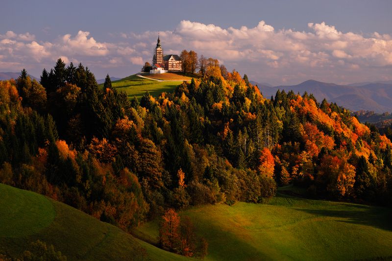 autumn, church, tree, forest, mountain, slovenia, cloud, light, sunset Renovation фото превью