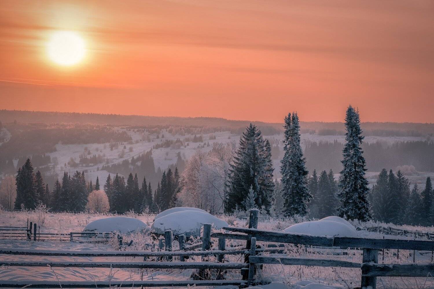 деревня, вечер, закат, мороз, зима, долина, чусовая, лес, поле, пейзаж, пермь, Андрей Чиж