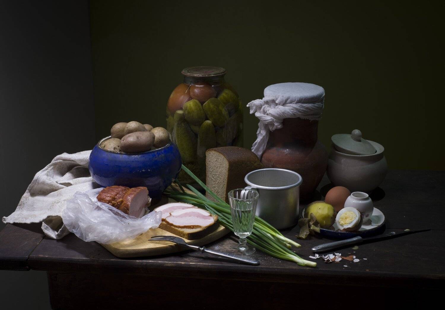 картошка, натюрморт, стопка, грудинка, яйцо, хлеб, лук, соль, Оксана Евкодимова