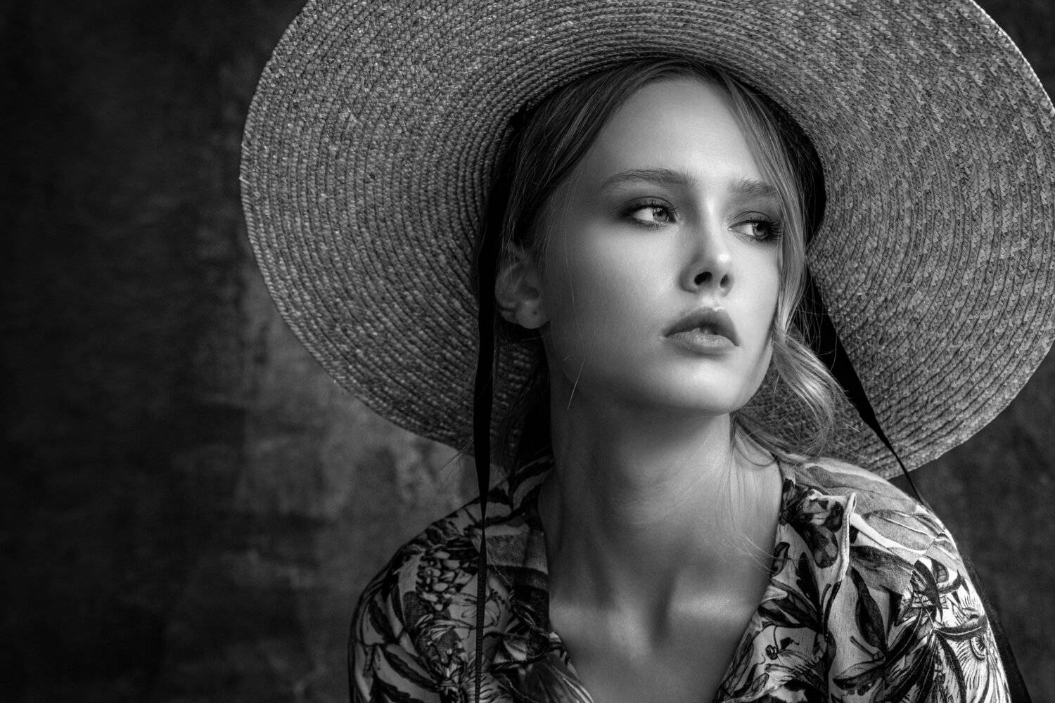 Straw, hat, stripe, woman, portrait,  Mykhailo