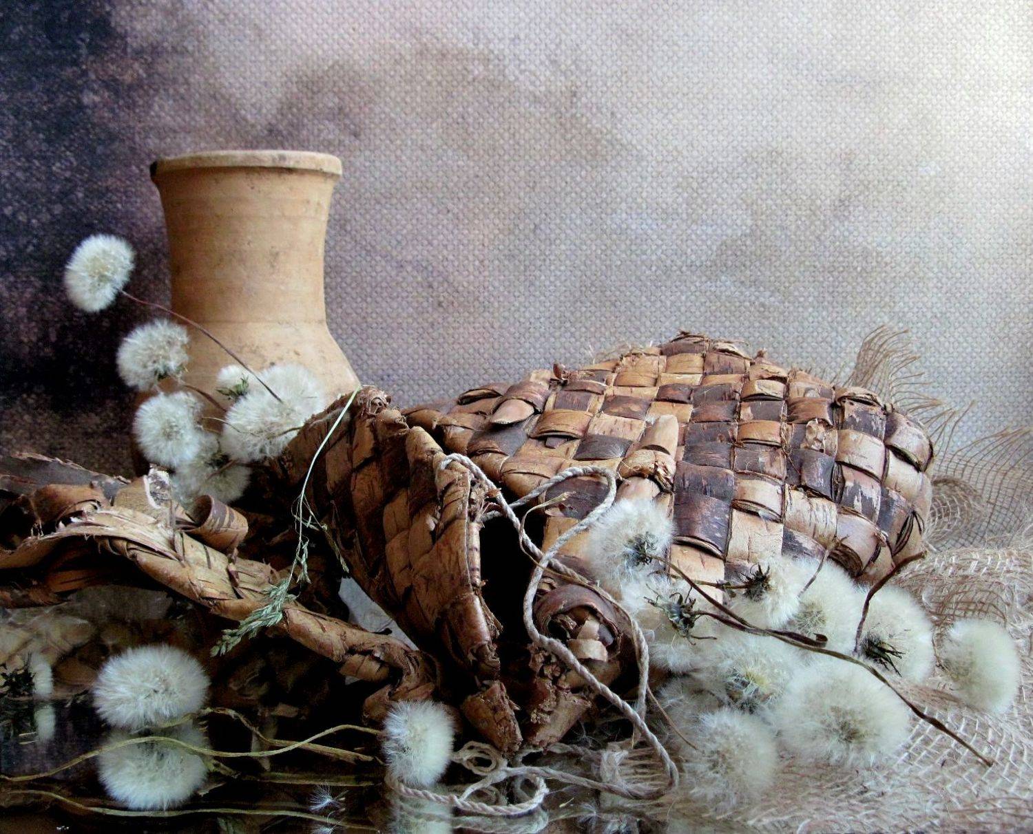 цветы, сухоцветы, одуванчики, крынка, пестерь, рогожка, Наталия Тихомирова