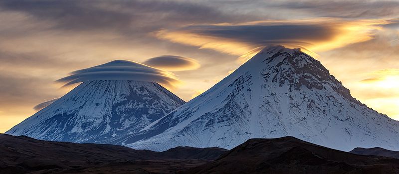 Камчатка, вулкан, облака, природа, путешествие, фототур, пейзаж, рассвет,  Великаны в шляпах фото превью