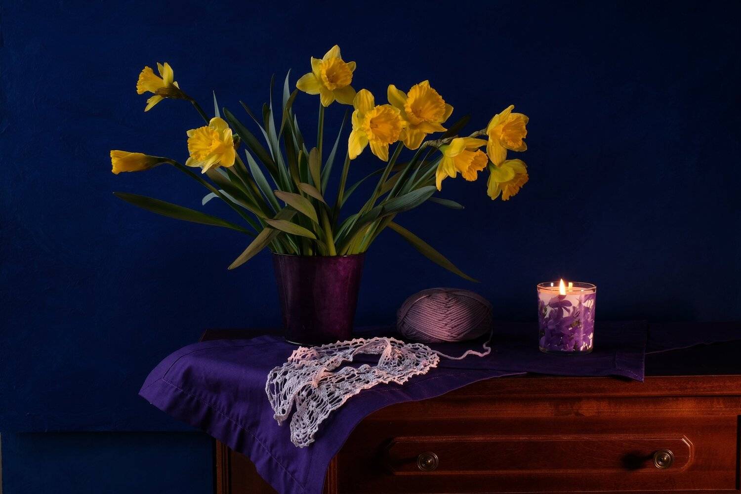 Still life, flowers, yellow, crochet and knitting needlework, flora, colors, candlelight, memories, purple, knitted collar, daffodils, , Svetlana Povarova Ree