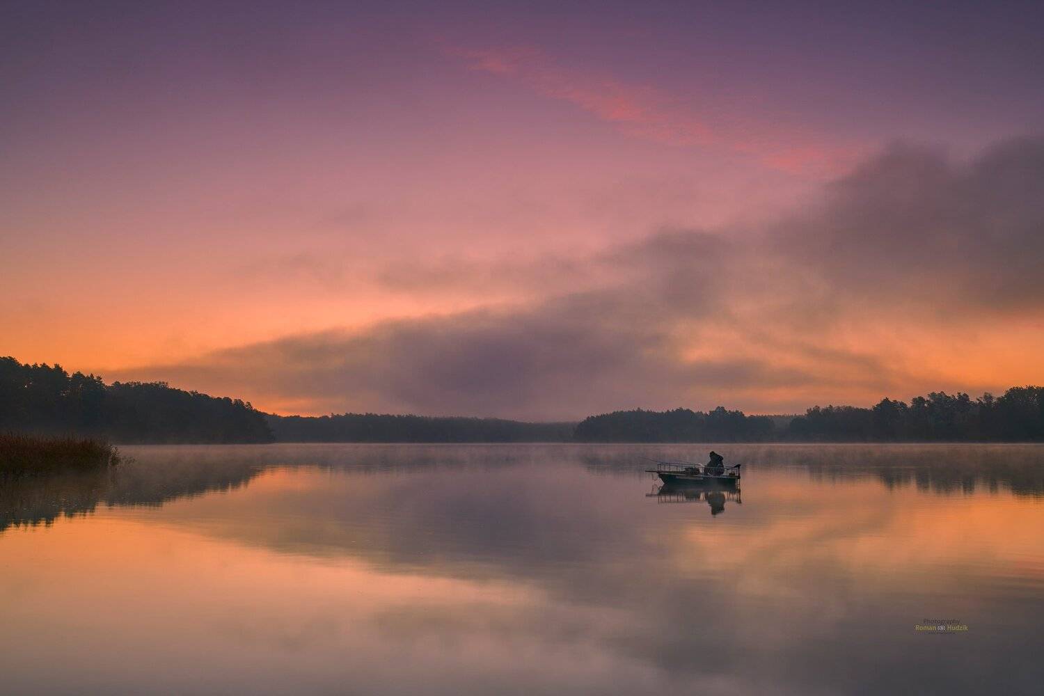 Fisherman, angler, landscape, sunrise, sky, water, lake, reflection, fog,, Roman Hudzik