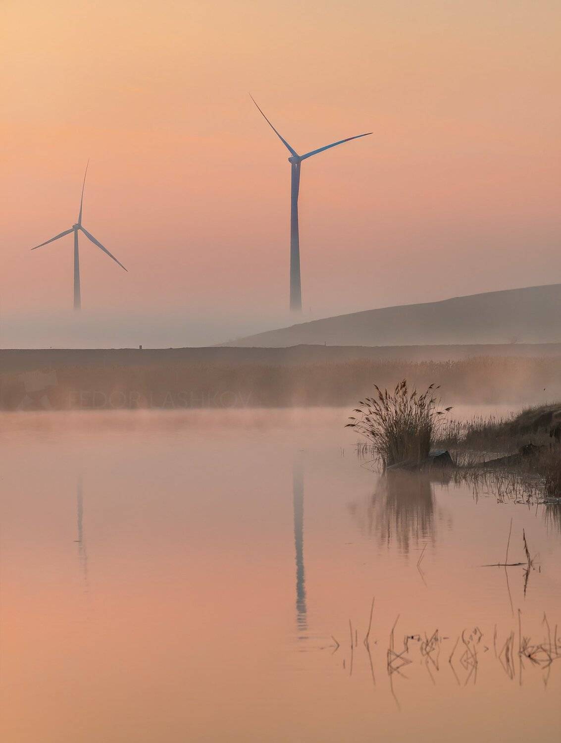 ставропольский край, ставрополье, кочубеевская вэс, ветропарк, ветроэлектростанция, ветряки, невинномысск, апрель, весна, пруд, водоём, туман, туманный, тростник,, Лашков Фёдор