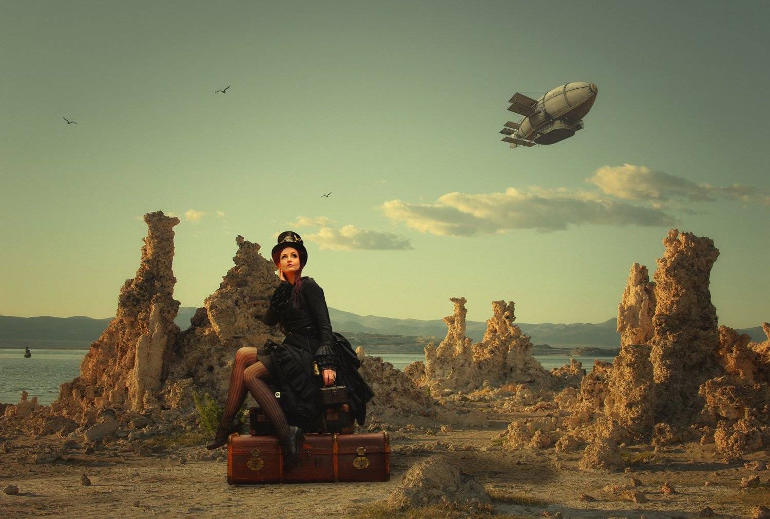 дирижабль, девушка, чемоданы, облака, Sergii Vidov