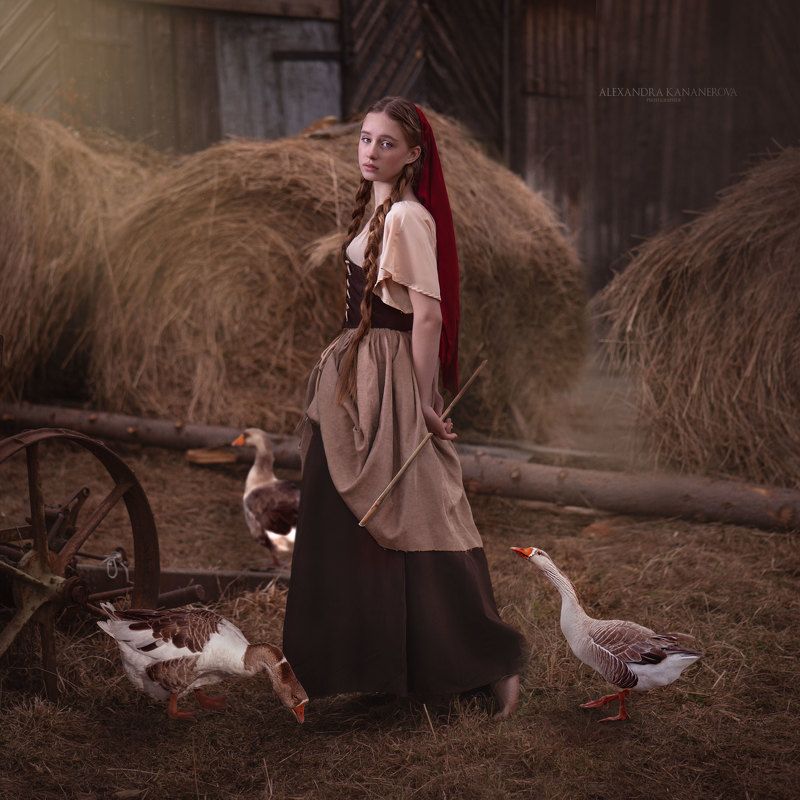 крестьянка, портрет, гуси, животные Крестьянка фото превью