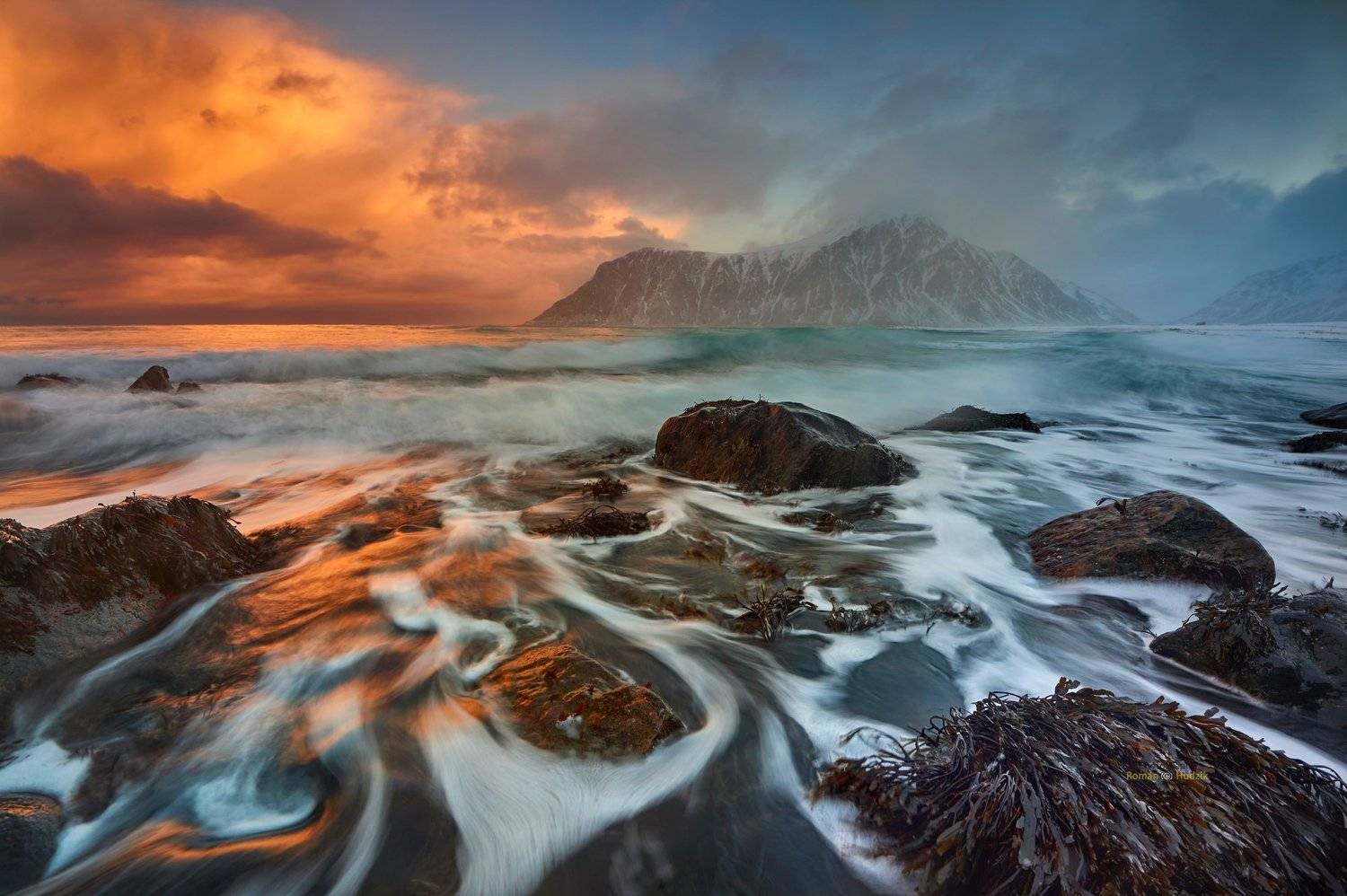   Lofoten, sunrise, Norway, sea, landscape, water, stones, clouds, beautiful views,, Roman Hudzik