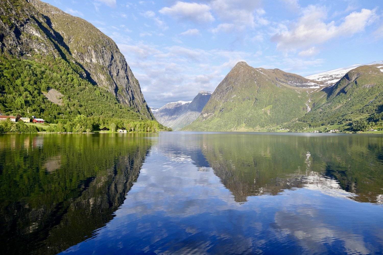 Landscapes, nature, lake, water, Norway, colors, sun, reflection, mountain, sky, clouds, summer, houses, blue, green, , Svetlana Povarova Ree