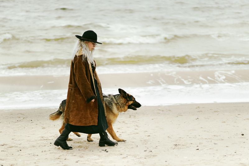 девушка море песок весна собака овчарка прогулка ветер осень день побережье друзья животное друзья фото превью