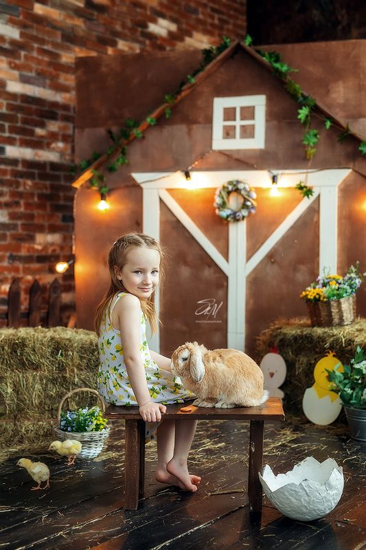 кролик, животные, портрет, цыплята, студия, пасхальный, пасха, сено, детский, ребенок, девочка,  *** фото превью