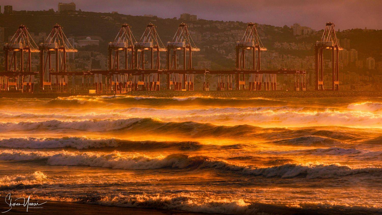 cargo, port, sunset, wave, waves, ocean, sea, mountain, city, industrial, , Sharon Yanai