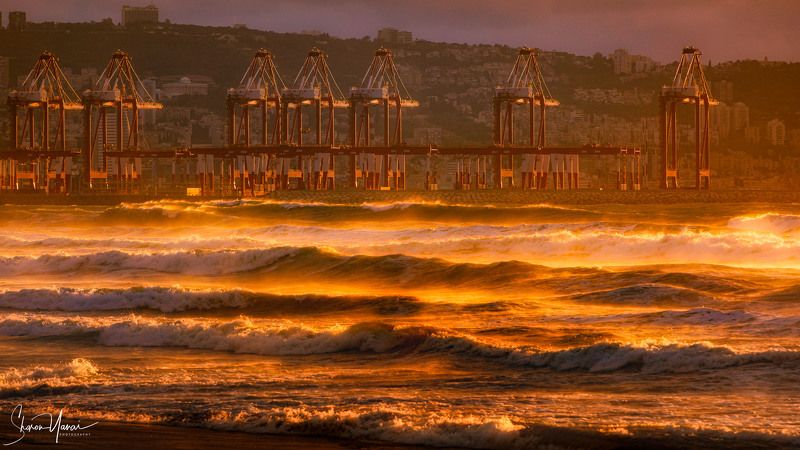 cargo, port, sunset, wave, waves, ocean, sea, mountain, city, industrial,  Cargo port at sunset with golden waves фото превью