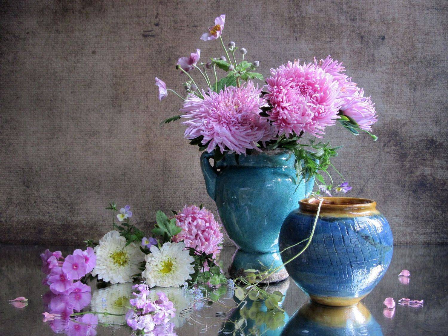цветы, букет, астры, ветреница, флоксы, керамика, Наталия Тихомирова