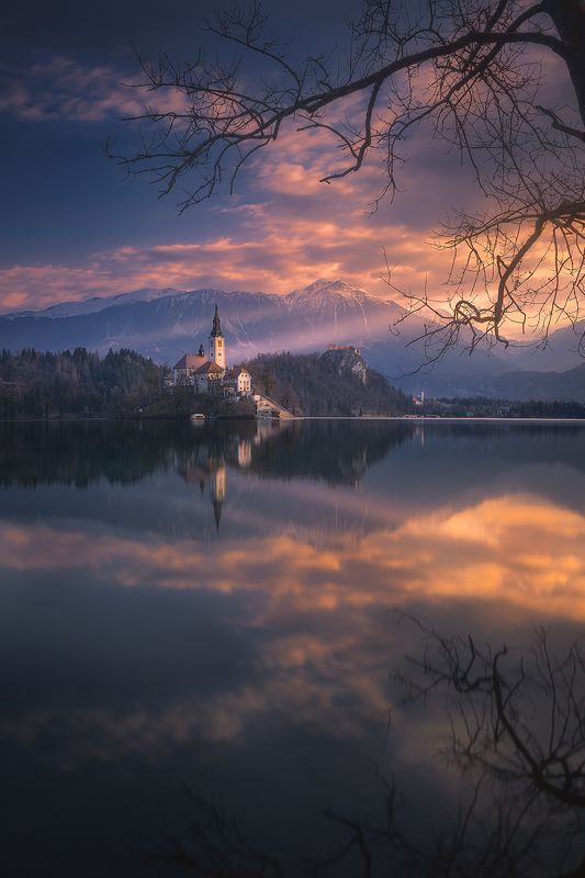 bled, slovenija, slovenia, landscape, sunrise,clouds, sky, reflection, lake, church  bled фото превью