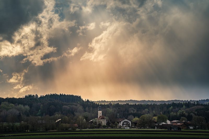 свет, вечер, пейзаж, облака, лучи, бавария Вечерний свет фото превью