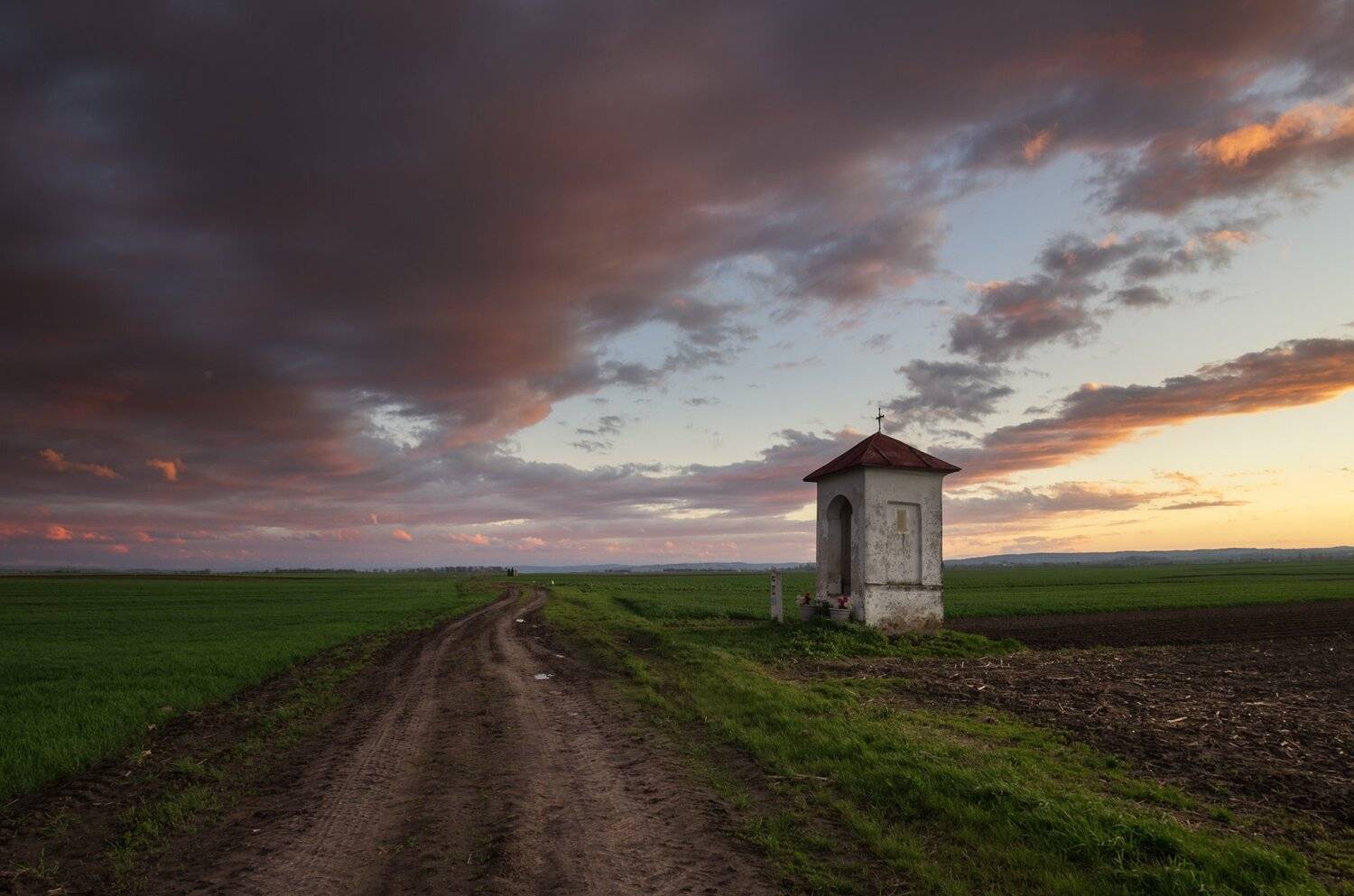 chape, clouds, spring, road, village,  Mirosław Pruchnicki
